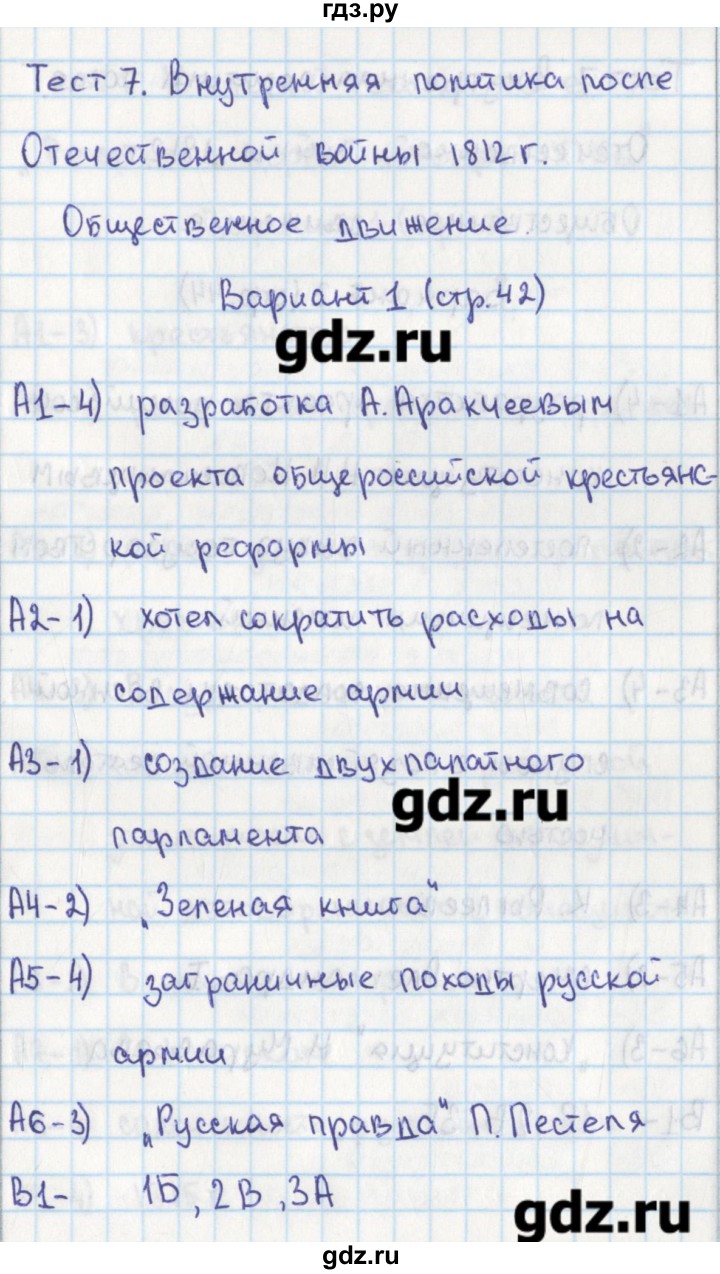 ГДЗ по истории 8 класс Волкова контрольно-измерительные материалы История России  тест 7. вариант - 1, Решебник